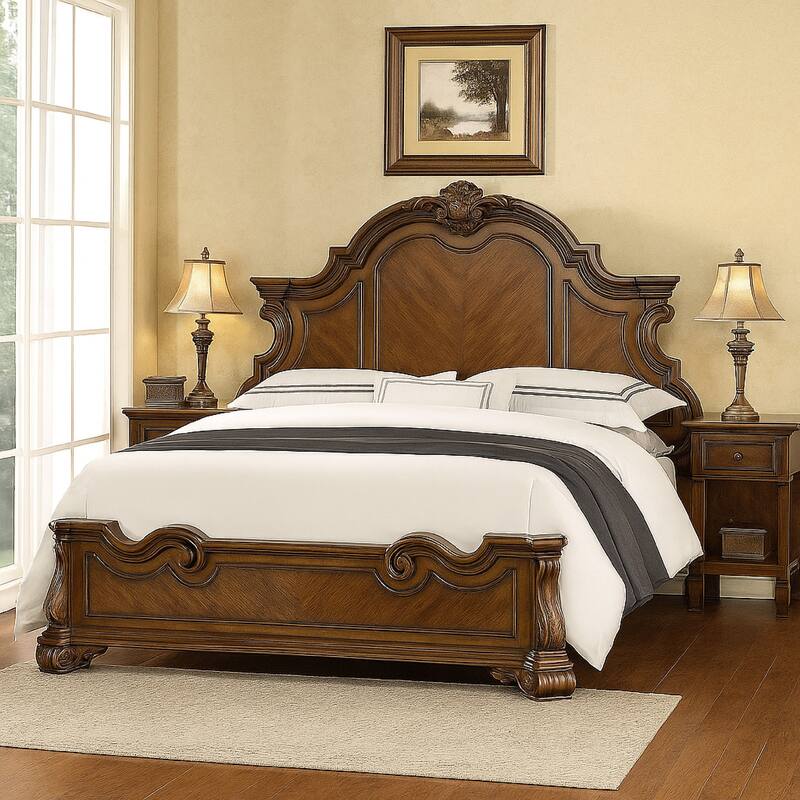 Leova Queen Bed, Bombay Headboard, Molding and Corbels, Dark Brown