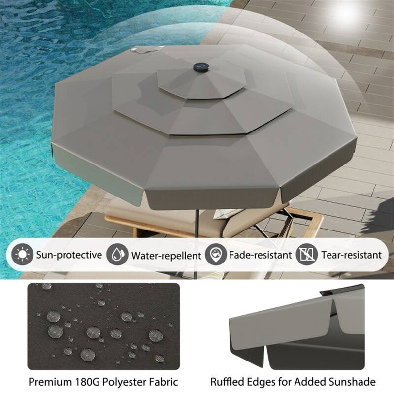 Outdoor 10 ft Umbrella with 3-Tier Venting Solar LED Lights Tilt and Crank for Poolside or Garden