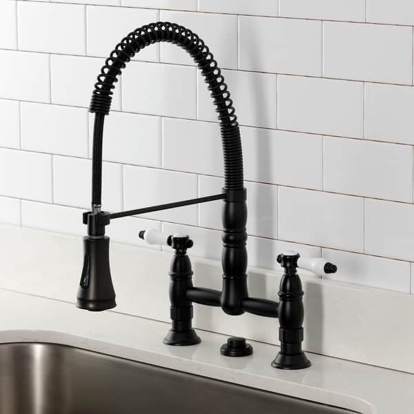 slide 2 of 31, Kingston Brass Essex Double-Handle Wall-Mount Pre-Rinse Bridge Kitchen Faucet
