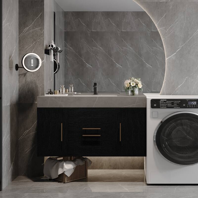 39.4 Inches Single Floating Bathroom Vanity with Faux Marble Top, Ceramic Sink, 2 Multi-layer Solid Wood Drawers & 2 Cabinets