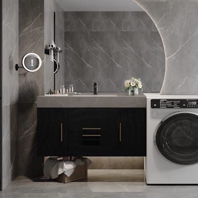 Floating Wall-mounted Bathroom Vanity with Ceramic Sink, Faux Marble Countertop, 2 Cabinets, 2 Drawers and Metal Handles