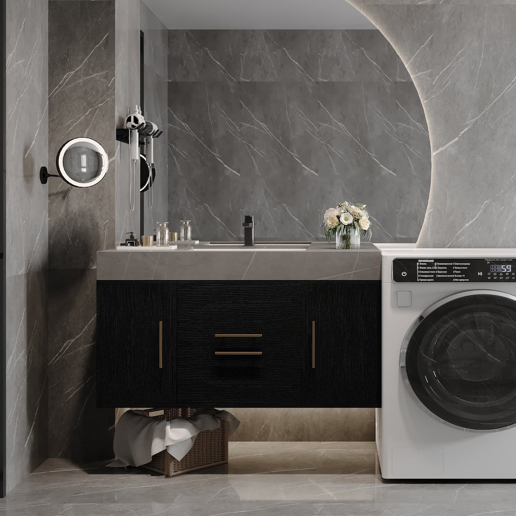 Floating Wall-mounted Bathroom Vanity with Ceramic Sink, Faux Marble Countertop, 2 Cabinets, 2 Drawers and Metal Handles