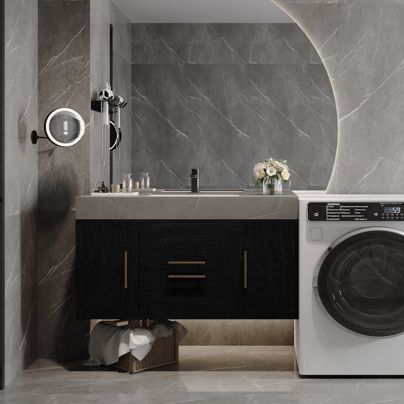 Wall-Mounted Single Sink Bathroom Vanity Cabinet with Faux Marble Top, Floating Bathroom Vanity with Center Ceramic Sink