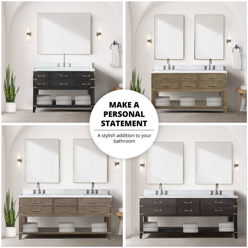 Lexora Norwalk Bath Vanity, Carrara Marble Top, Faucet Set, and Mirror - 80 Inch - Brown Oak