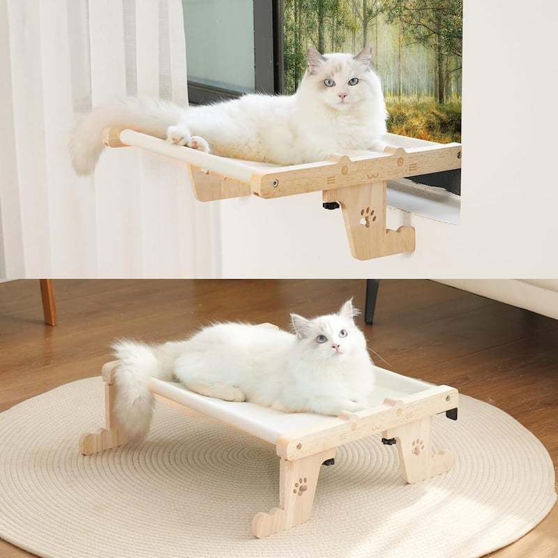 Cat Window Perch for Cats, Adjustable 2-in-1 Hammock Bed, Sturdy Wood Frame, Easy Installation