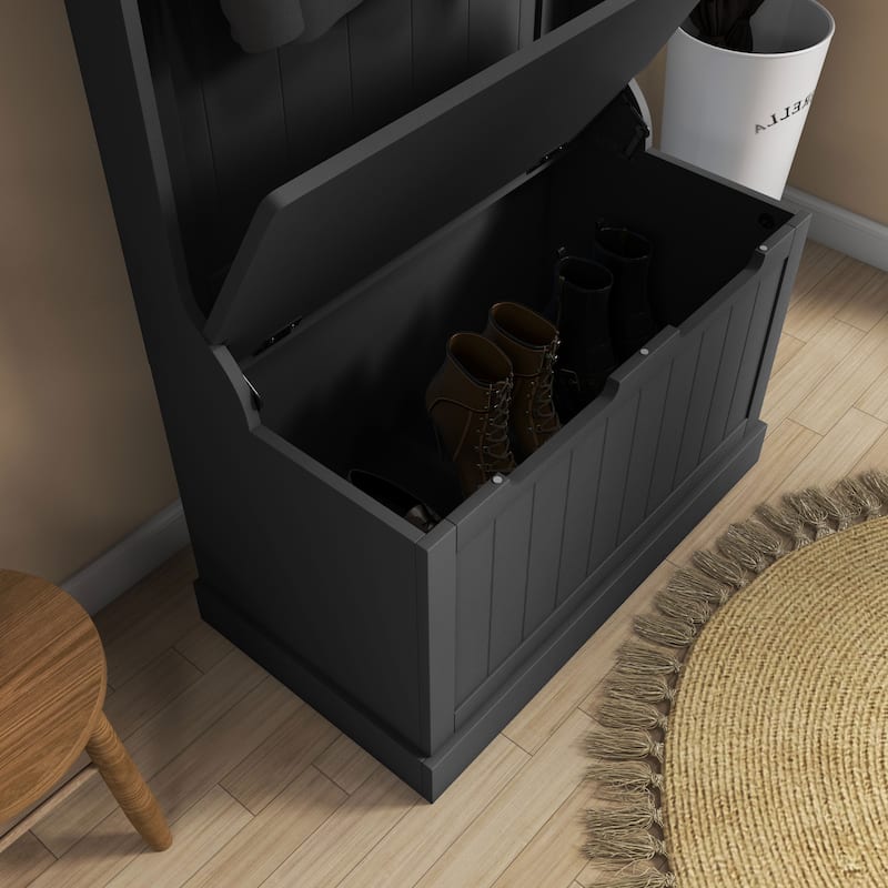 Multifunctional Hall Tree with Storage Bench, Coat Hooks & Shoe Storage MDF Wood Steel Hardware - 28.25" W x 15.5" D x 67" H