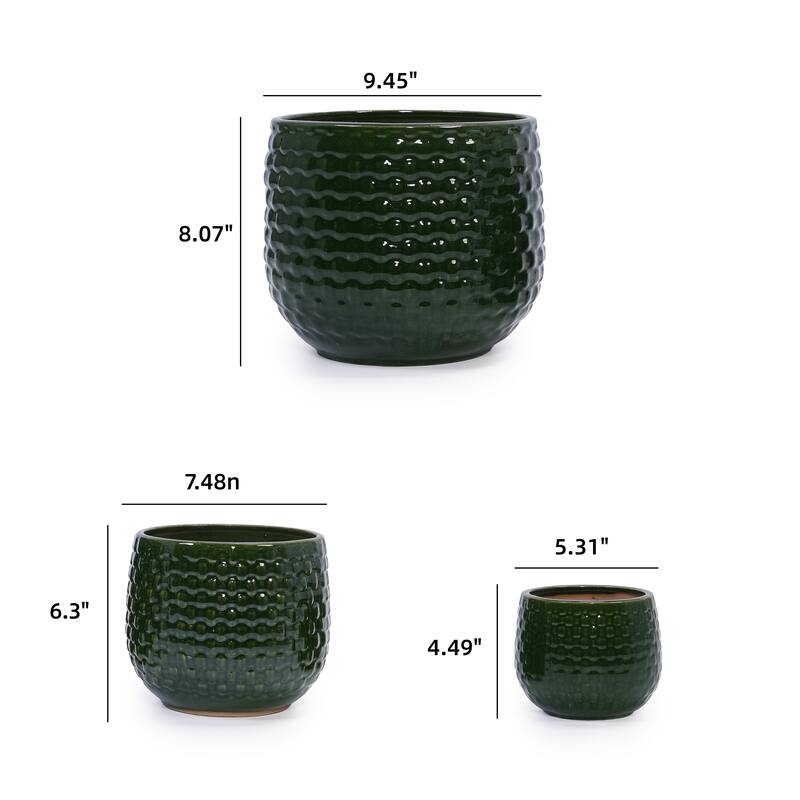 Handmade Glazed Ceramic Planter Set of 3, 9/7/5 Inch Diameter, Dark Green Solid Glossy Finish