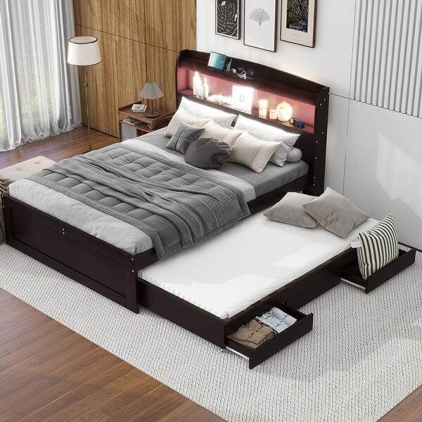 slide 2 of 13, Full XL Wood Storage Platform Bedframe with LED Headboard, Twin Size Trundle & Charging Station, No Spring Box Needed-Dark Brown Dark Brown - Full
