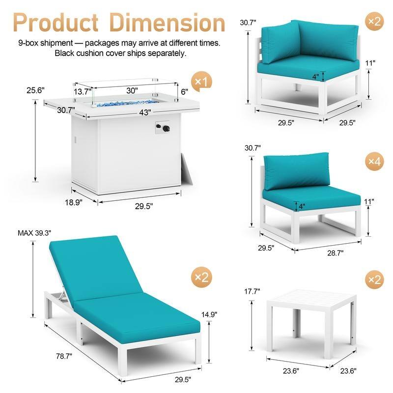 11-Piece Luxury Aluminum Outdoor Furniture Set with Chaise Lounge & Fire Pit Table, 29" Deep Seating Aluminum Patio Sectional