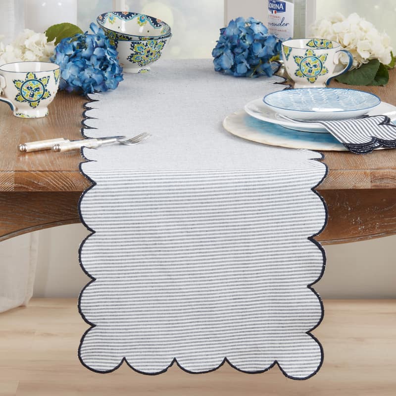 Cotton Striped Scalloped Table Runner - Everyday Woven Table Runner for Dining & Console Tables, 16"x72"