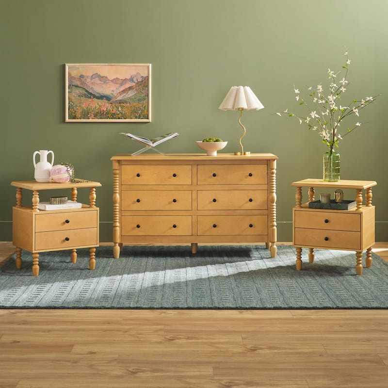 Walker Edison Spindle Dresser and 2-Drawer Nightstands Bedroom Set - Natural