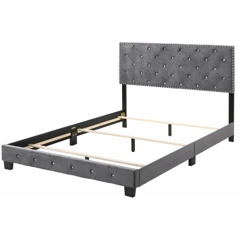 Grey Velvet Platform Bed with Nailhead Trim, Queen Size