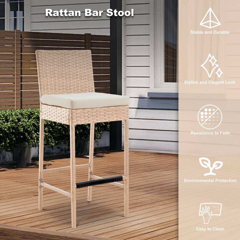 Rattan Bar Stools Set of 2, Armless Wicker Bar Stools with Cushions, All-Weather Outdoor Bar Height Stools for Patio, Poolside