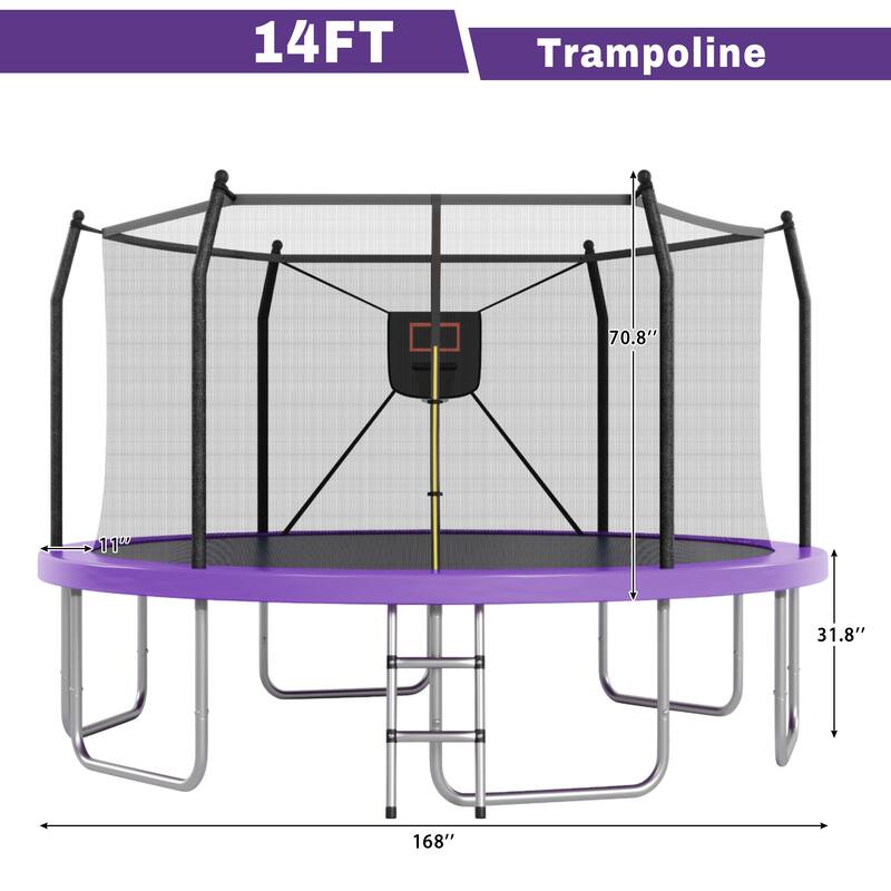 14FT Trampoline with Lights and Basketball Hoop, Outdoor Recreational 16" Trampoine for Kids and Adults