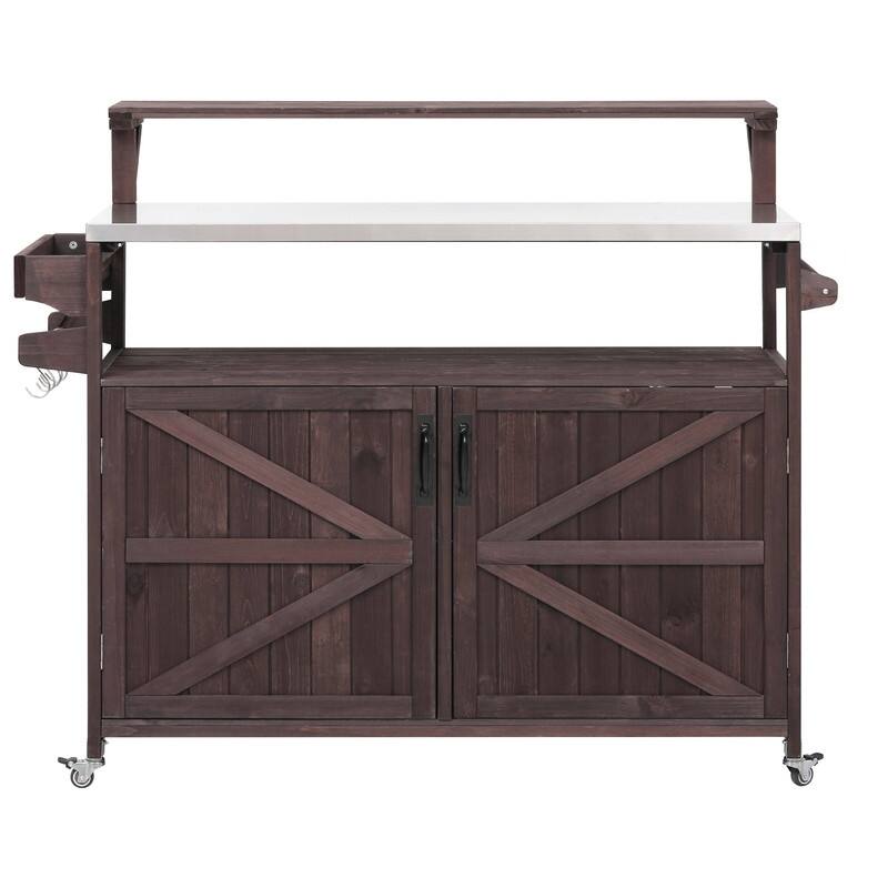 Outdoor Kitchen Island, Solid Wood Storage Cabinet with Stainless Steel Top and Lockable Wheels