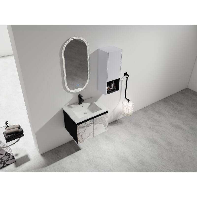 24" Wall-Mounted Bathroom Vanity with Ceramic Sink and Soft-Close Doors, Side Cabinet for Extra Storage