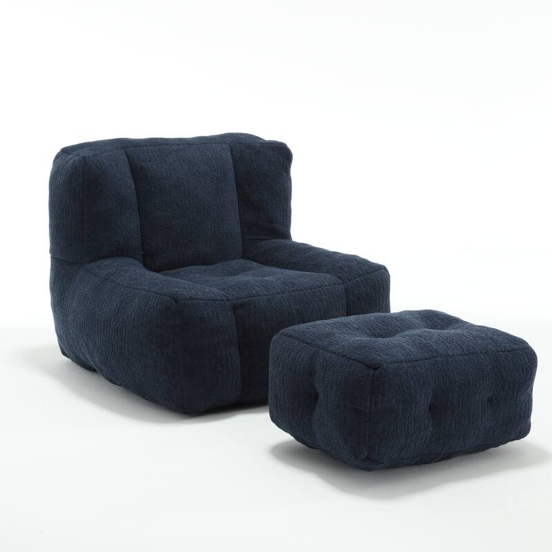 Fluffy Bean Bag Chair with Memory Foam and Ottoman, Super Soft Velvet Bean Bag for Adults & Kids, Comfortable Lazy Sofa