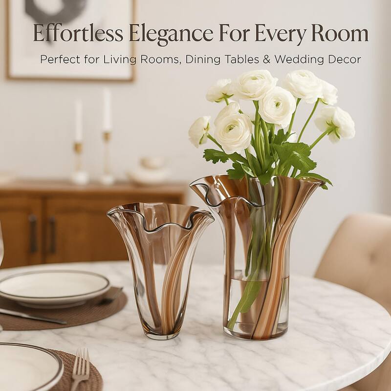 Set of Two Handblown Striped Chocolate Brown Vases