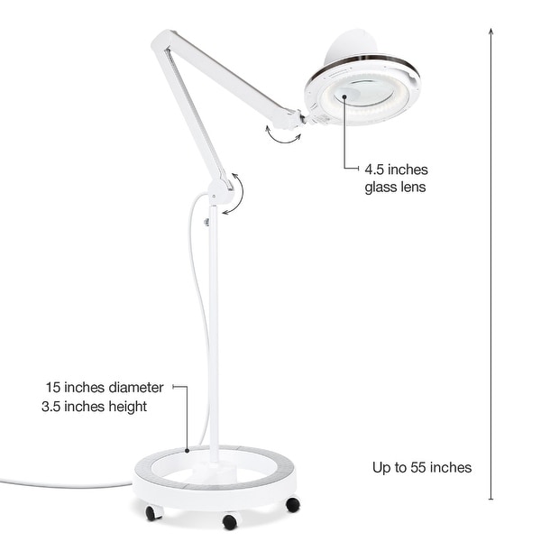 Brightech Lightview Pro 55 in. White Industrial 3 Way Dimming 1.75X Magnifying LED Swing Arm Rolling Floor Lamp Bed Bath Beyond 38167020