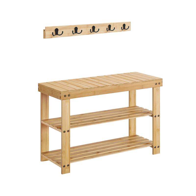 4-in-1 Wicker Hall Tree with Bench and 2 Bottom Shelves 5 Double Hooks for Bags and 3 Pairs of Shoes - 11.3"D x 27.6"W x 17.8"H
