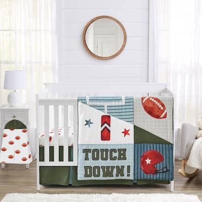 Sweet Jojo Designs American Football MVP Boy 4pc Nursery Crib Bedding Set Green Blue Red Vintage Helmet Field Goal Sports Themed