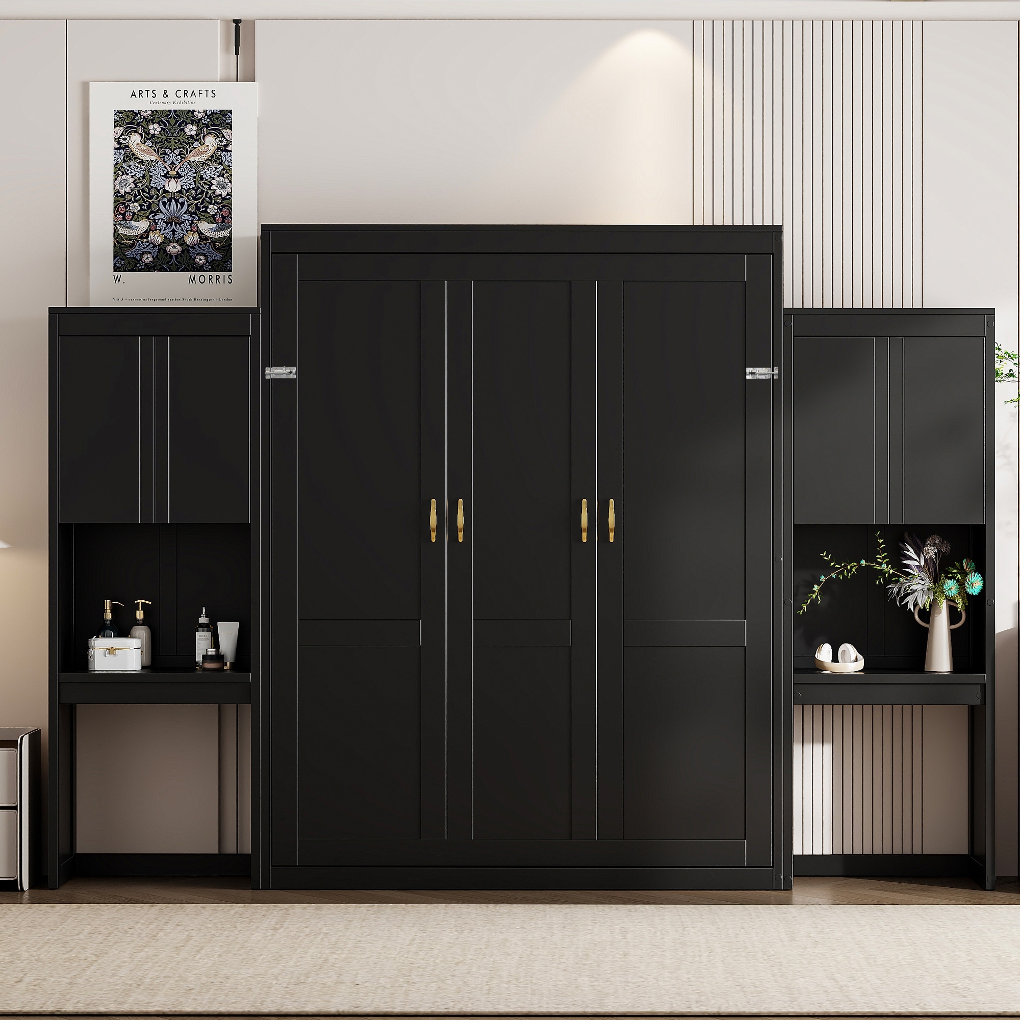 Heavy Duty Queen Murphy Bed with Desk, Multi-Functional Murphy Folding Bed with Vanity and Cabinets for Guest Rooms or Studios