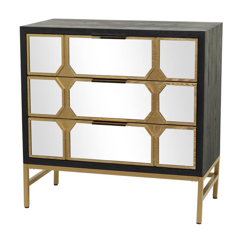 Wooden 3 Drawer Chest with Mirrored Front - Gold or Black - Roche River Decor - Black - 32"W, 32"H