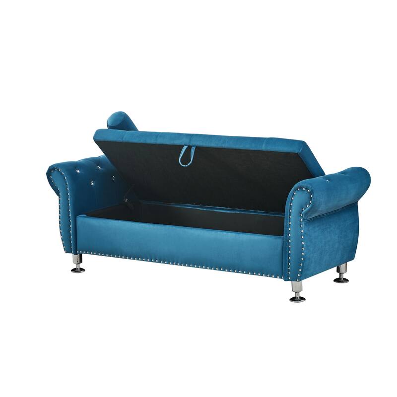 Velvet Storage Bench 62.2 Inch Upholstered Tufted Ottoman Bench with Rolled Arms, Large End of Bed Bench with Rivet Decoration