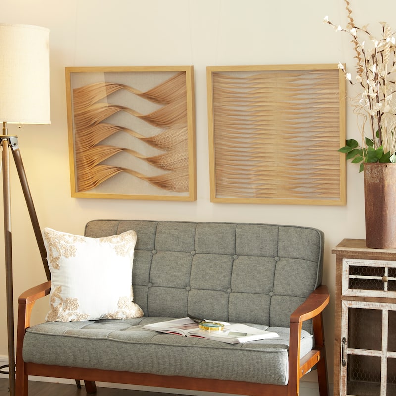 Wooden Geometric Handmade Shadow Box with Rattan Weaving - Set of 2 Brown - Roche River Decor
