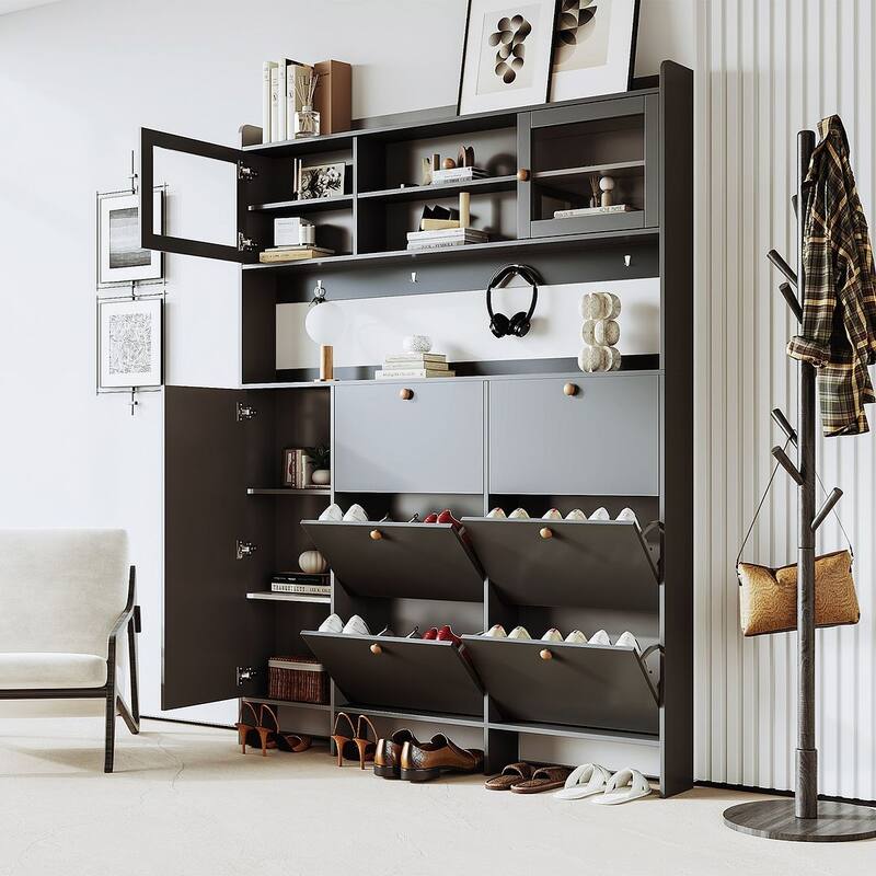 Hall Tree and Shoe Storage Bench with Flip Drawers and Doors