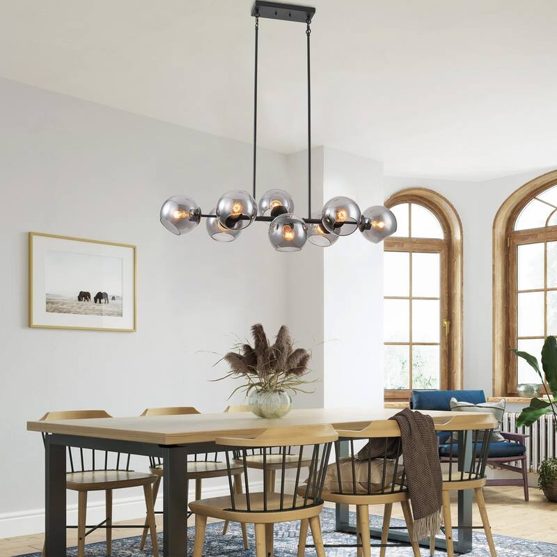 Mid Century Modern 8-Light Grey Glass Globe Sputnik Chandelier Lighting for Kitchen Island