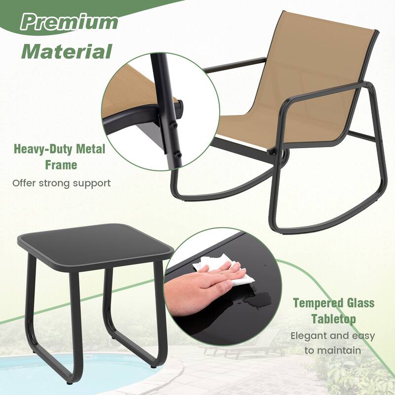Gymax Set of 3 Patio Rocking Set 2 Rocking Bistro Chairs & Glass-Top