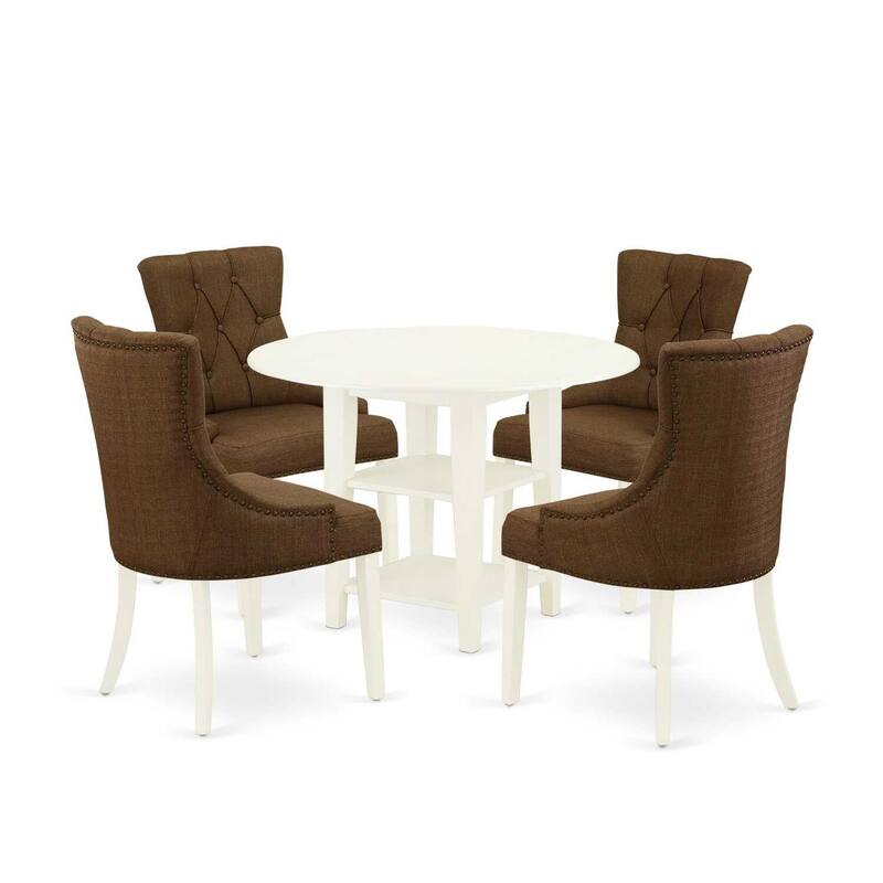 HomeStock 5-Pc Linen White Finish Solid Wood Top - Round Dining Room Set with Dropleaf - Seats 4