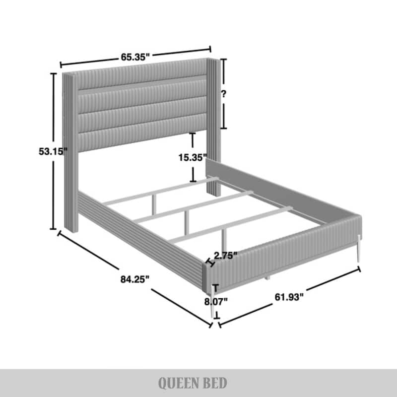 CraftPorch Corduroy 4-pieces Glam Light Blue Bed with Silver Furniture Bedroom Set