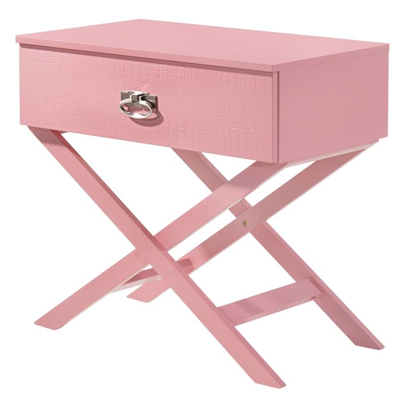 1-Drawer Pink Nightstand with Croc-Textured Drawer and X-Frame Design, 25 Inch Modern Bedside Table