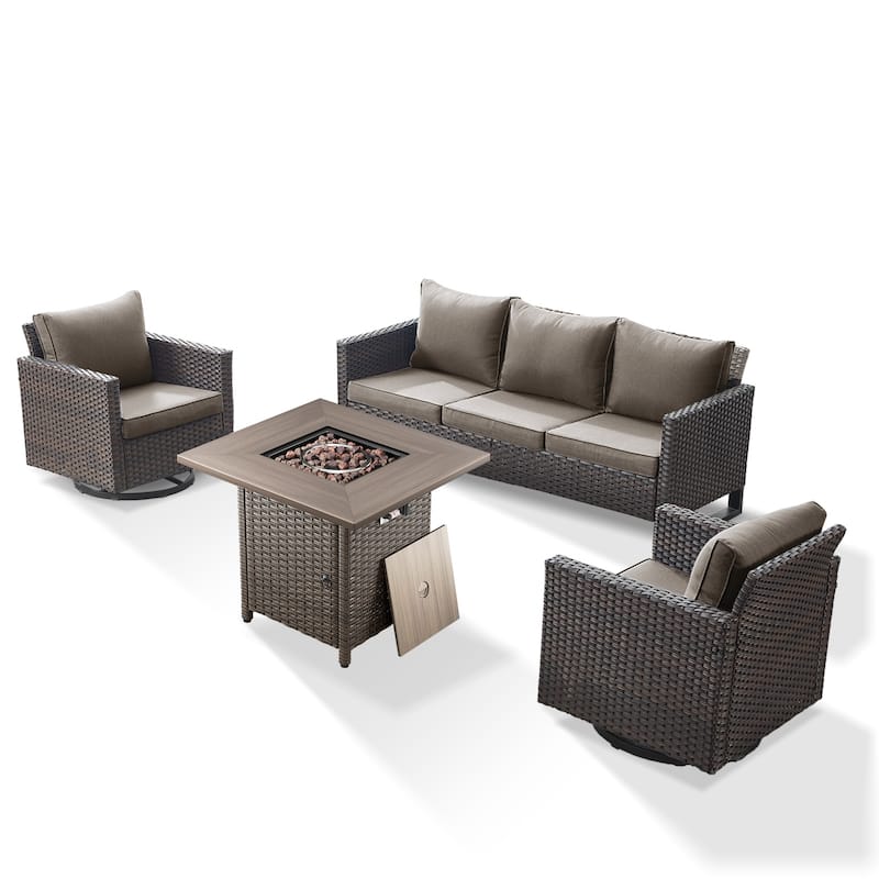 4 Pieces Fire Pit Table with Sofa Swivel Chair Set