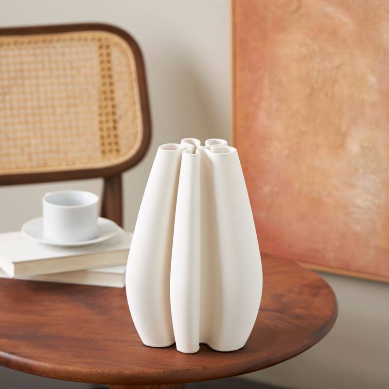 White Ceramic Ribbed Dimensional Concaved Abstract Vase with Floral Shaped Rim - White - 7"W, 11"H