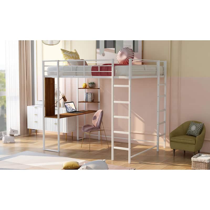 Full Size Metal Loft Bed with 2 Shelves and one Desk Bed Bath