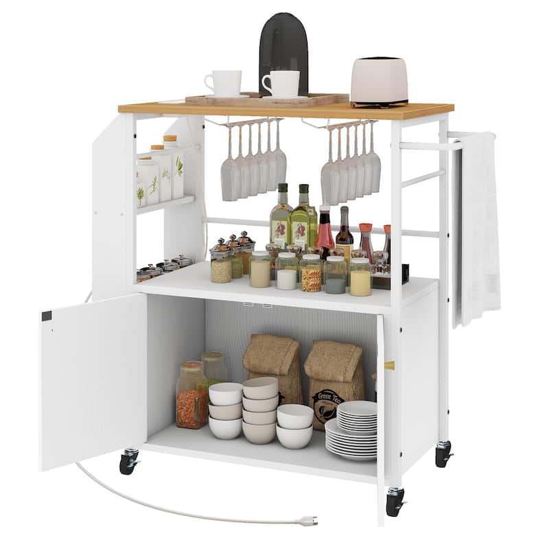 Moasis Rolling Portable Kitchen Island Cart With Power Outlet And Open Shelves - White