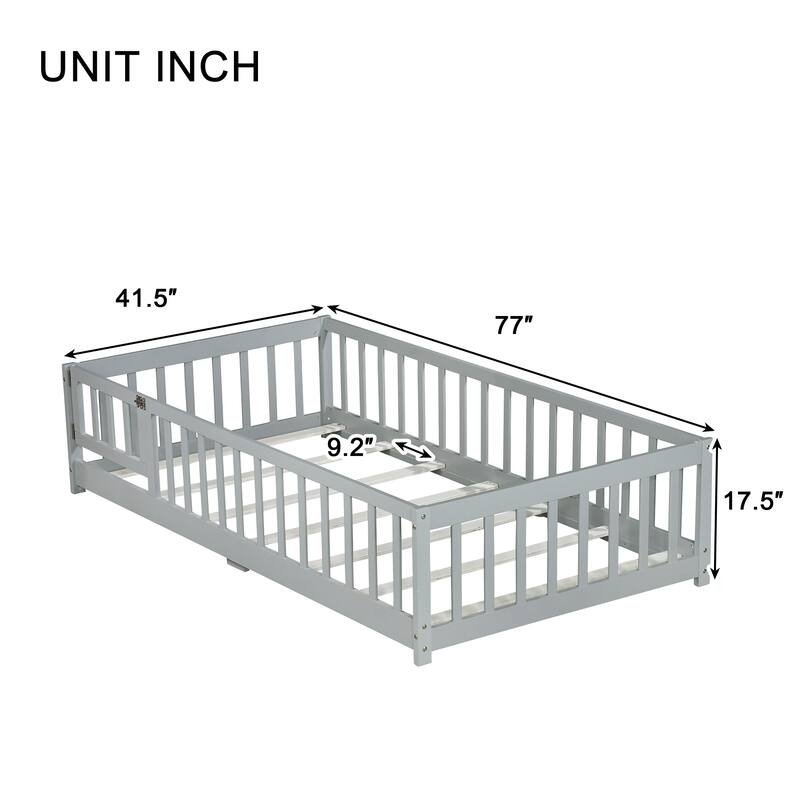 Twin Size Floor Bed with Fence and Door, Rubber Wood Frame with Safety Guardrails