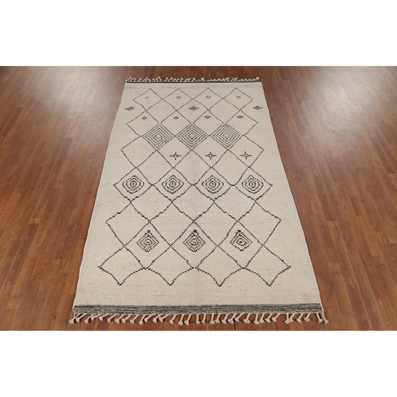 Trellis Moroccan Area Rug Hand-Knotted Geometric Beige Wool Carpet - 5'1"x 8'8"