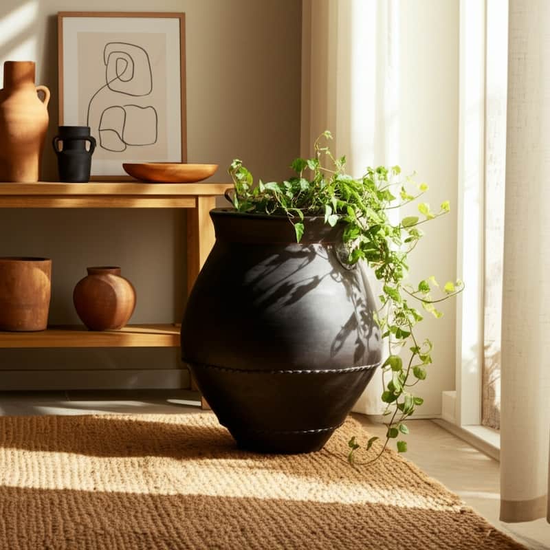Terracotta Vase Handmade Decorative Accent Container Home Decor - Black