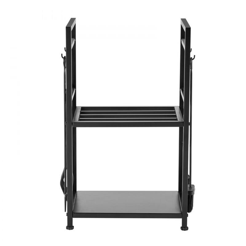 2 Tier Black Wrought Iron Firewood Storage Rack with Reinforced Corners and 4 Fireplace Tools - 17.72” x 12.40” x 16.34”