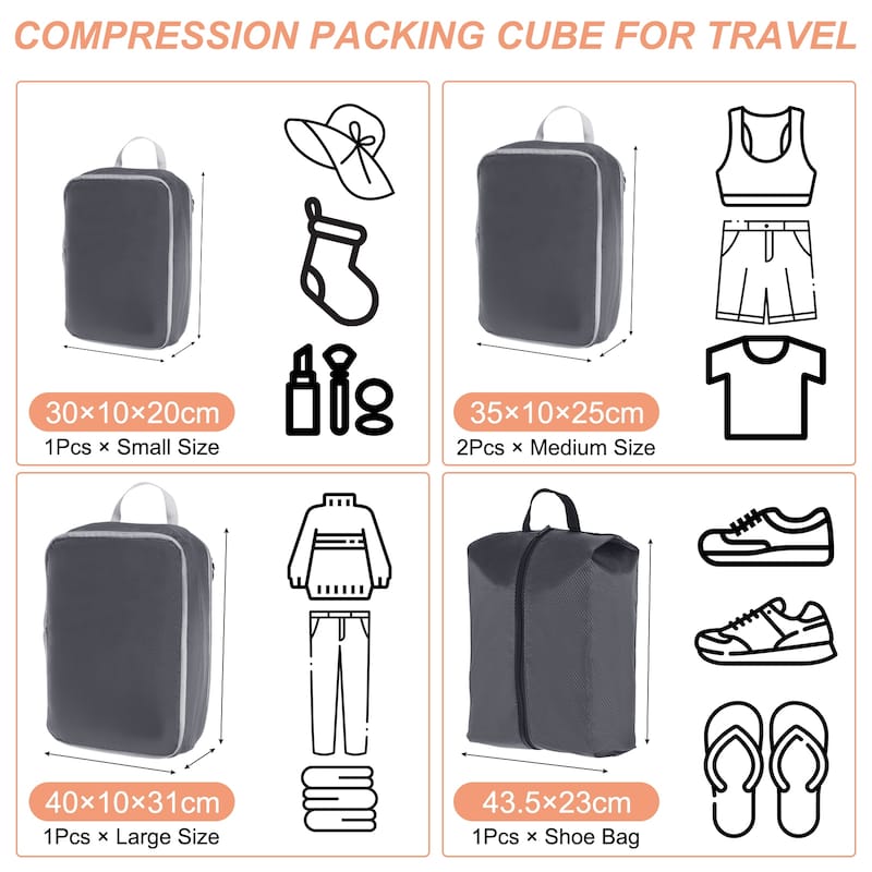 5Set Compression Packing Cube for Travel Waterproof Luggage Organizer - Gray