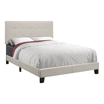 Full Size Linen-Look Upholstered Platform Bed with Tufted Headboard and Black Wood Legs