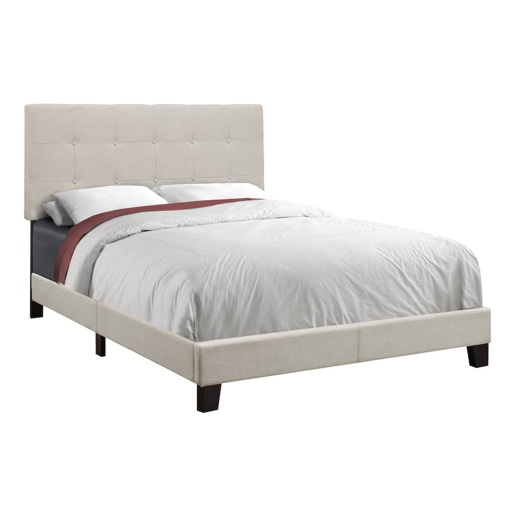 Full Size Linen-Look Upholstered Platform Bed with Tufted Headboard and Black Wood Legs