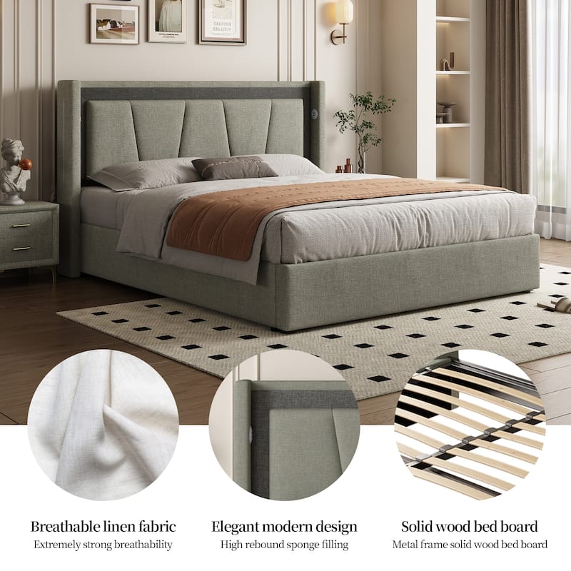 Modern Style Queen Size Cotton and Linen Fabric Storage Bed for Bedroom
