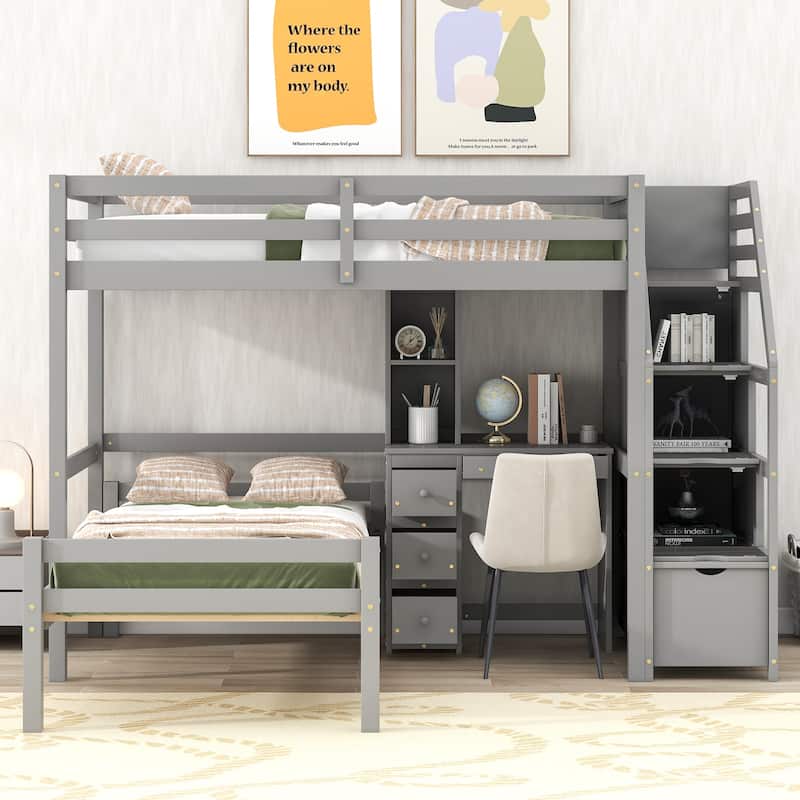 Gray Twin Pine Loft Bunk Bed with Storage Staircase, Desk, Shelves, Drawers