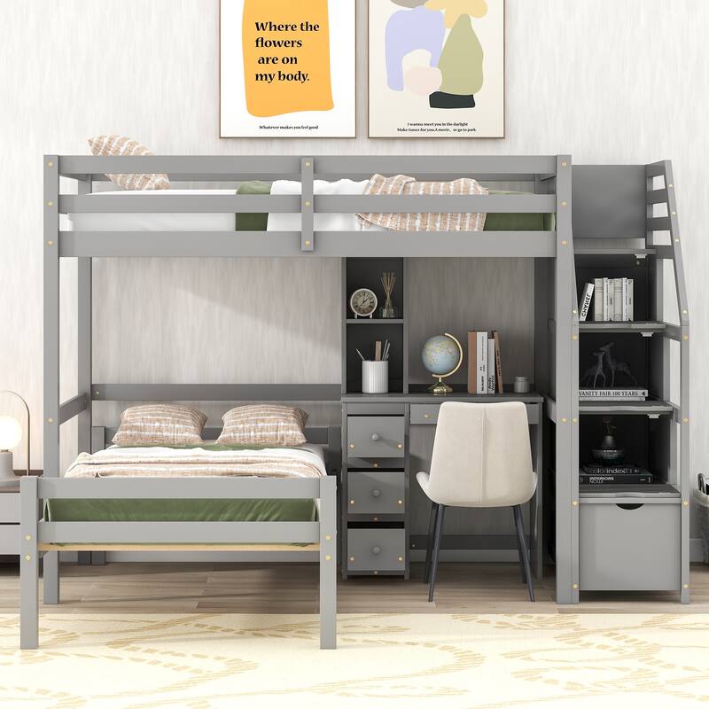 Space-Saving Twin Loft Bed with Stand-Alone Bed, Storage Stairs, Desk and Shelves, Gray