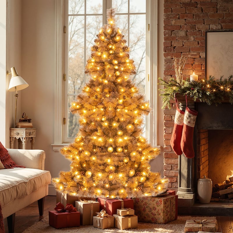Gymax 6 FT Pre-Lit Artificial Christmas Tree Hinged Chocolate-Color